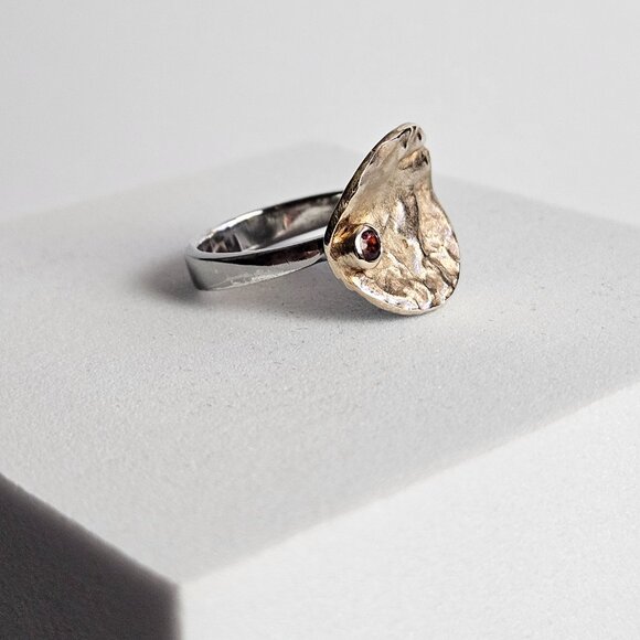 925 Sterling Silver Ring Cupped Disc w/ Garnet, 18K Gold Plated & Rhodium Finish - Picture 1 of 16